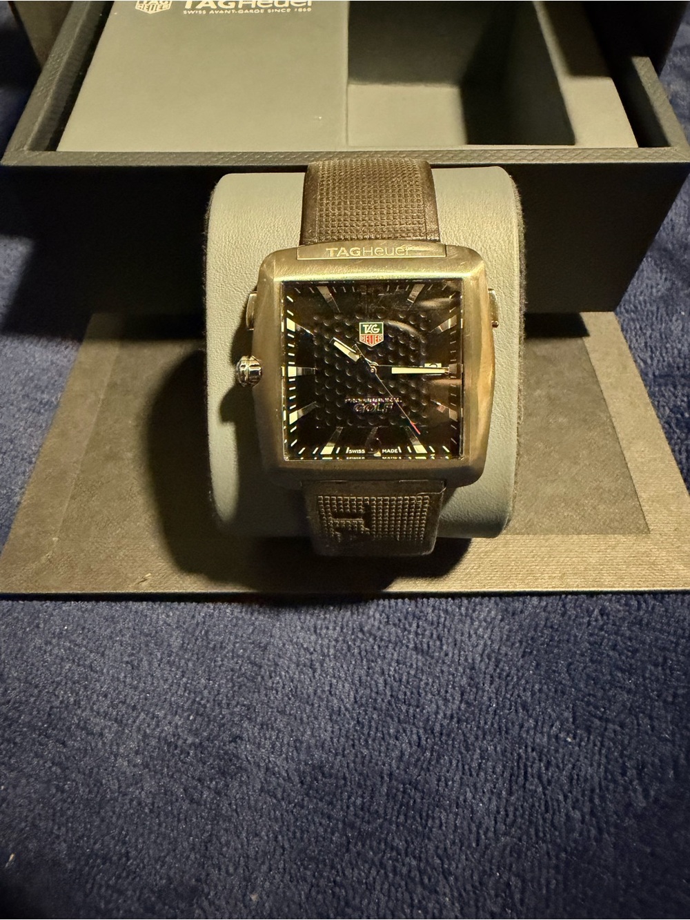 Tag Heuer Men’s Black Square Dial Watch with Brown Canvas Strap